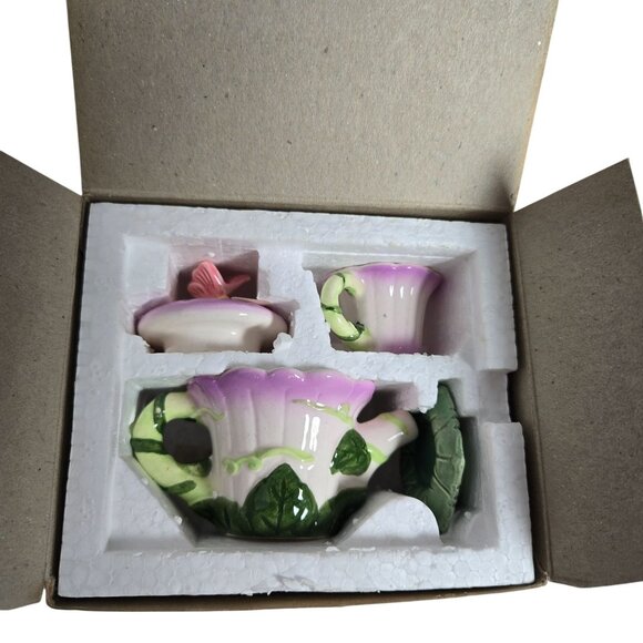 Vintage Russ Berrie Tea Tyme Lavender Mini Teapot with Cup and Saucer Butterfly - Picture 1 of 8